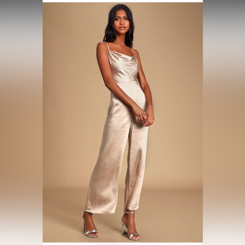 Perfect Night Champagne Satin Cowl Neck Culotte Jumpsuit‎ LUSH